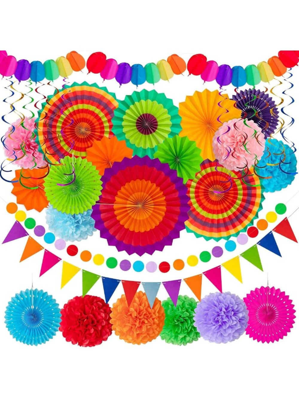 35PCS Colorful Fiesta Paper Fan Decorations for Party, Events & Celebrations